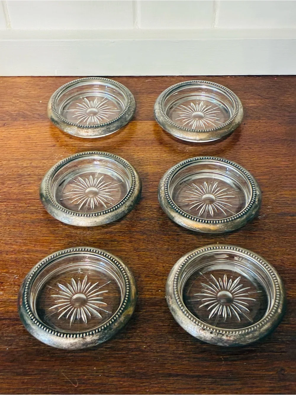 Vintage W&S Blackinton Silver Plate & Crystal Starburst Coasters - Set of 6